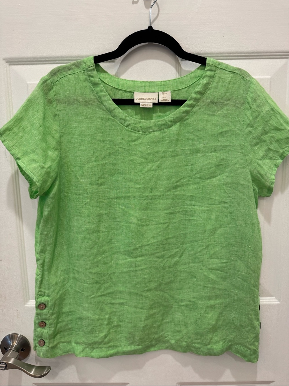 Cynthia Rowley Lime Green Linen Short Sleeve Top with Button Detail